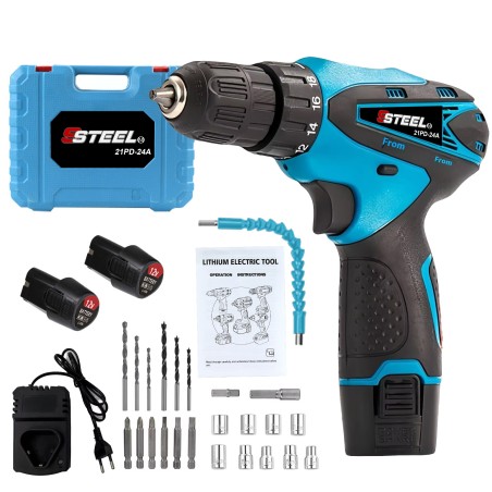صندوق أدوات مع مثقاب كهربائي محمول مع بطاريتين متعددتي الوظائف بقوة 21 فولت، مجموعة أدوات  للإصلاح والصيانة
