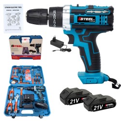 صندوق أدوات مع مثقاب كهربائي محمول مع بطاريتين متعددتي الوظائف بقوة 21 فولت، مجموعة أدوات مكونة من 125 قطعة للإصلاح والصيانة