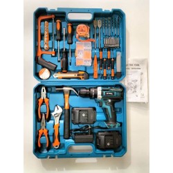 صندوق أدوات مع مثقاب كهربائي محمول مع بطاريتين متعددتي الوظائف بقوة 21 فولت، مجموعة أدوات مكونة من 125 قطعة للإصلاح والصيانة