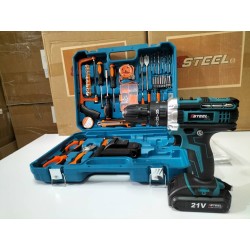 صندوق أدوات مع مثقاب كهربائي محمول مع بطاريتين متعددتي الوظائف بقوة 21 فولت، مجموعة أدوات مكونة من 125 قطعة للإصلاح والصيانة