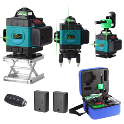 مستوى ليزر محمول رباعي الأبعاد مكون من 16 خطًا مزود ببطاريتين وشعاع أخضر ومستوى ذاتي