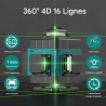 مستوى ليزر محمول رباعي الأبعاد مكون من 16 خطًا مزود ببطاريتين وشعاع أخضر ومستوى ذاتي