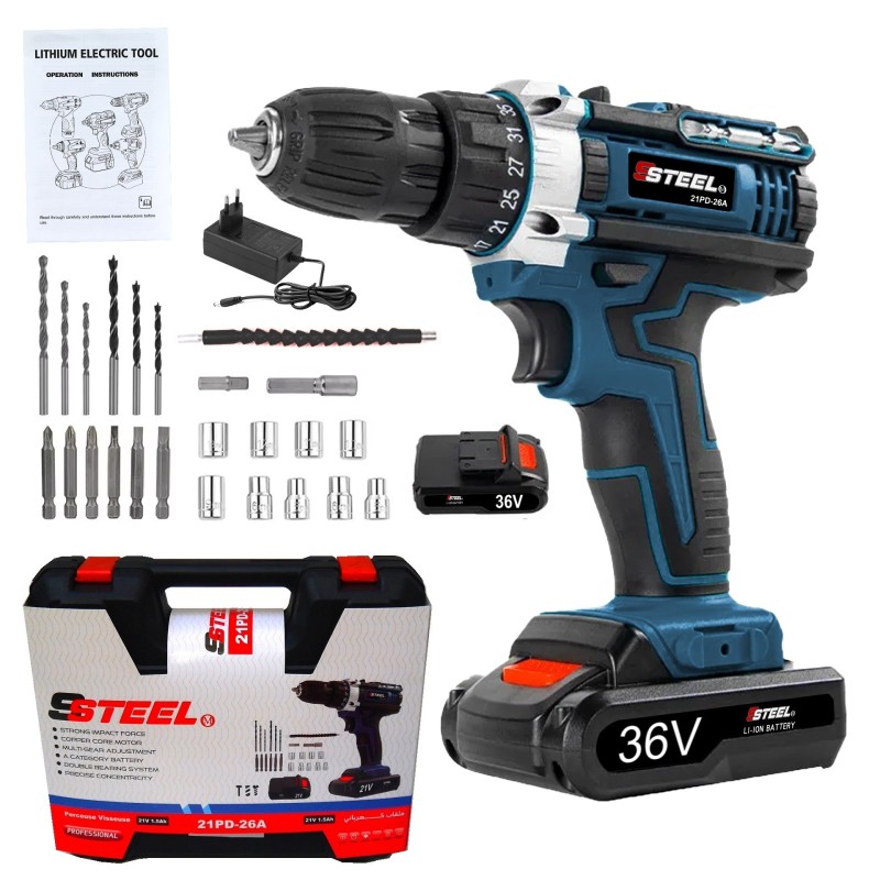 مثقاب كهربائي محمول مع بطاريتين متعددتي الوظائف بقوة 21 فولت، مجموعة أدوات مكونة من 125 قطعة للإصلاح والصيانة