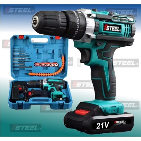 صندوق أدوات مع مثقاب كهربائي محمول مع بطاريتين متعددتي الوظائف بقوة 21 فولت، مجموعة أدوات مكونة من 125 قطعة للإصلاح والصيانة