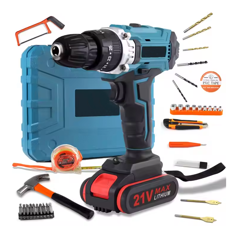 صندوق أدوات مع مثقاب كهربائي محمول مع بطاريتين متعددتي الوظائف بقوة 21 فولت، مجموعة أدوات للإصلاح والصيانة