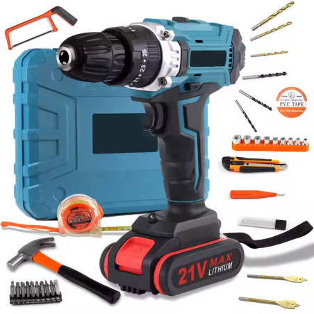 صندوق أدوات مع مثقاب كهربائي محمول مع بطاريتين متعددتي الوظائف بقوة 21 فولت، مجموعة أدوات للإصلاح والصيانة